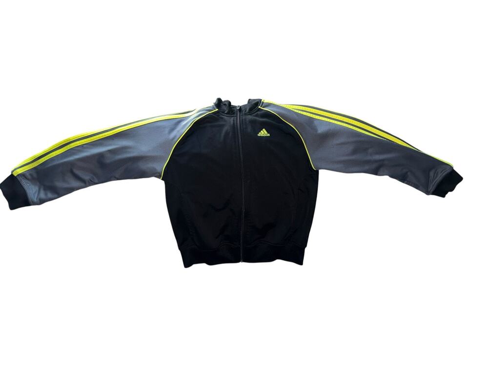 Adidas Boys Large 14/16 Track Jacket Black Gray Yellow Full Zip 3 Stripe